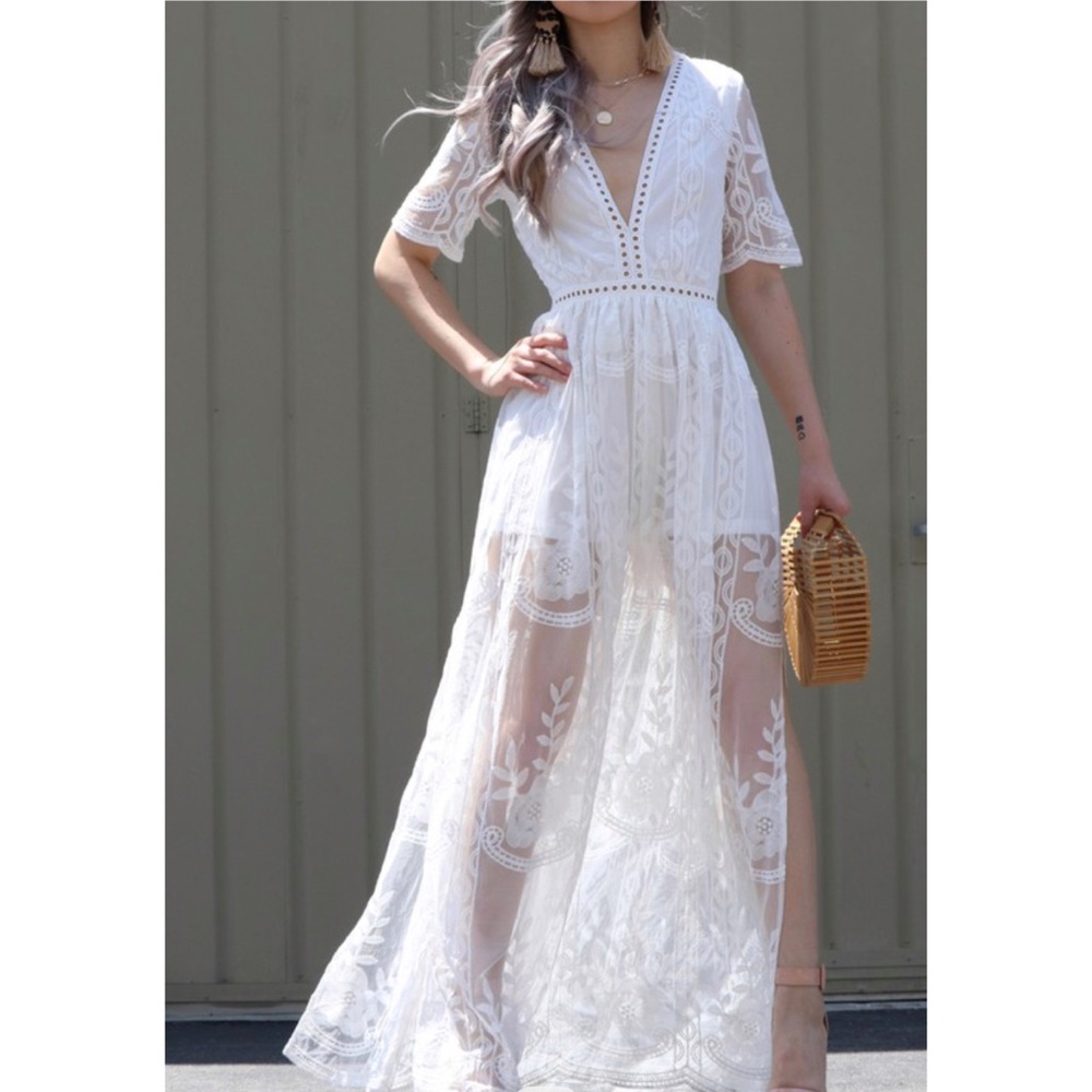 White Lace Maxi Romper Dress